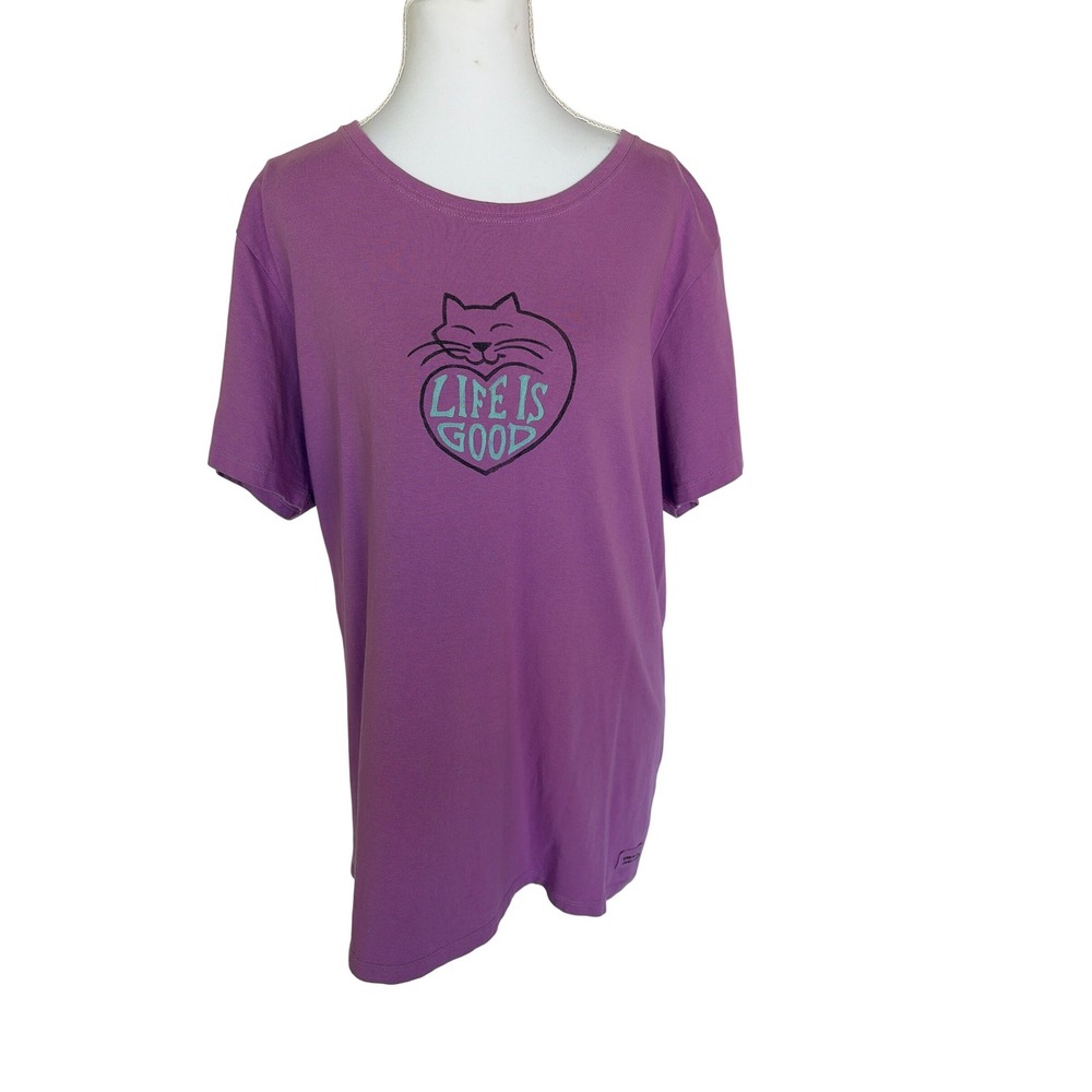 Life is Good Women Purple Cat Heart Crusher Tee Graphic T-Shirt XL Short Sleeve
